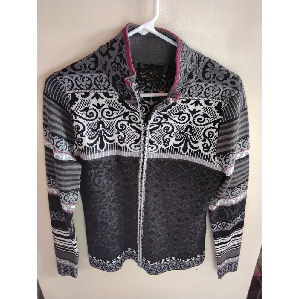 Icelandic Design Womens Wool Zip Cardigan Sweater‎ Nordic Fair Isle Black Grey S